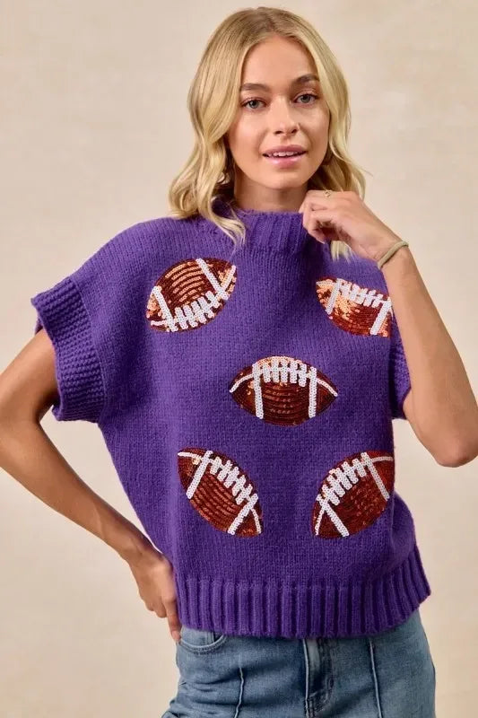 BiBi Gameday Sequin Football Patches Rib Banded Sweater - DAVERRI FASHIONS