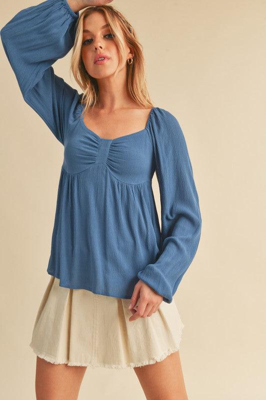 Aemi + Co Ruched Sweetheart Neck Balloon Sleeve Blouse Blue - DAVERRI FASHIONS