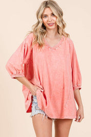 Mittoshop Mineral Wash V-Neck Raglan A-Line Relaxed Top