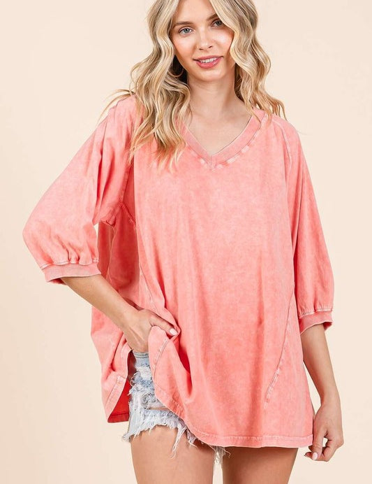 Mittoshop Mineral Wash V-Neck Raglan A-Line Relaxed Top