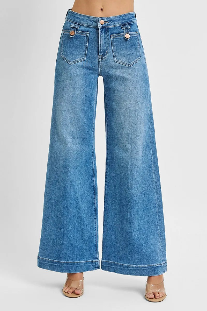 RISEN Full Size Mid Rise Wide Front Patch Pocket Jeans Jeans