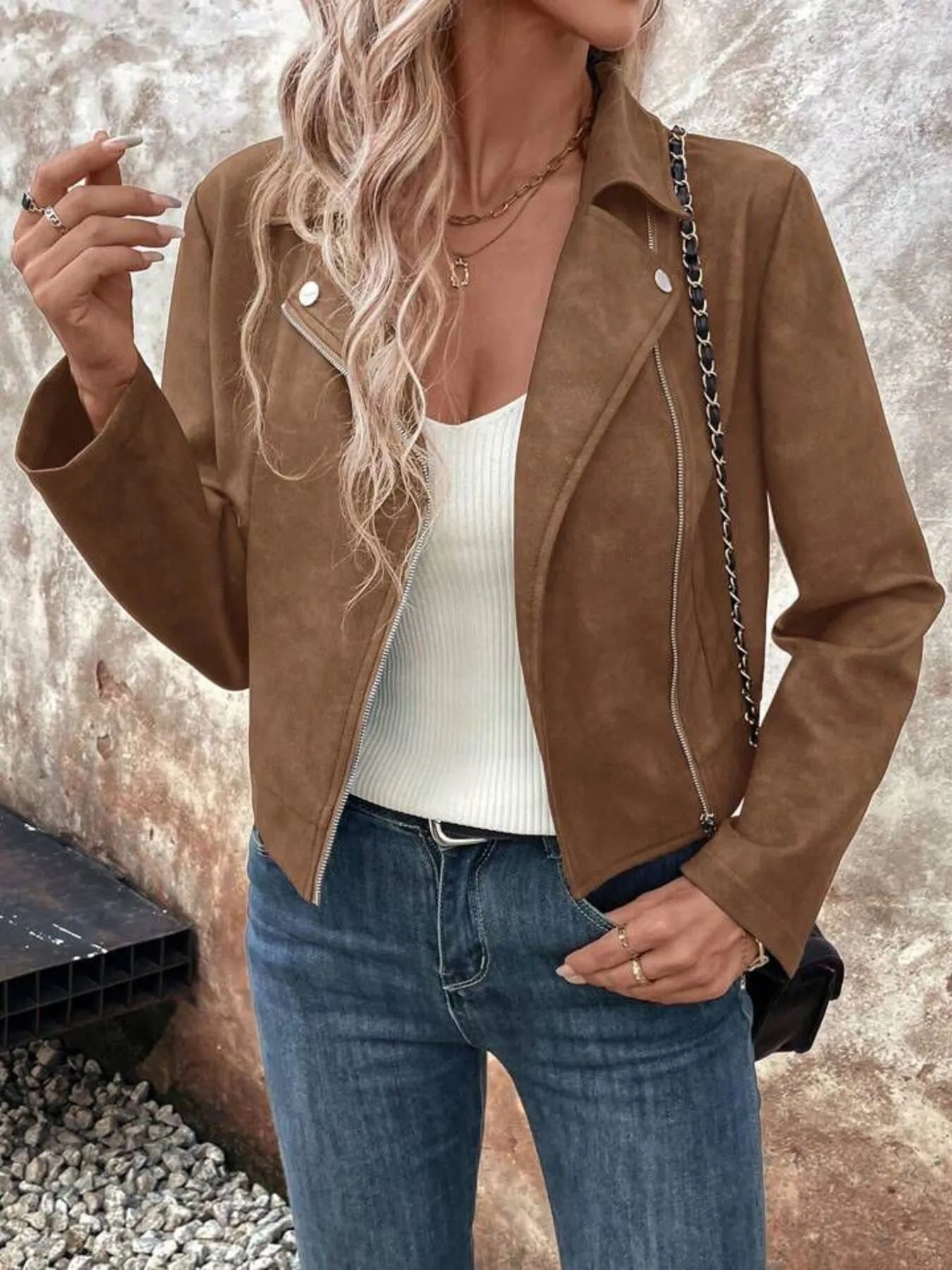 Zip Up Suede Cropped Moto Jacket | Jackets Daverri Fashions