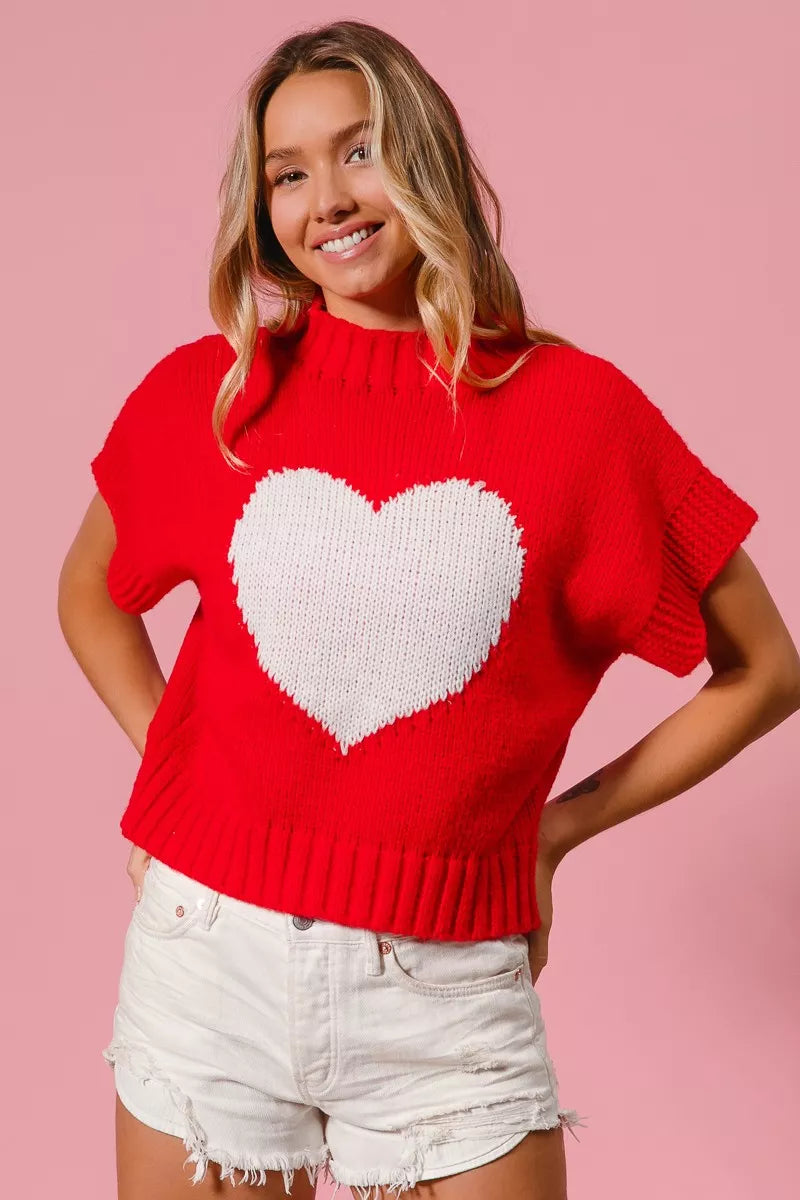 Red BiBi Rib Banded Heart Pattern Valentines Sweater with white heart design