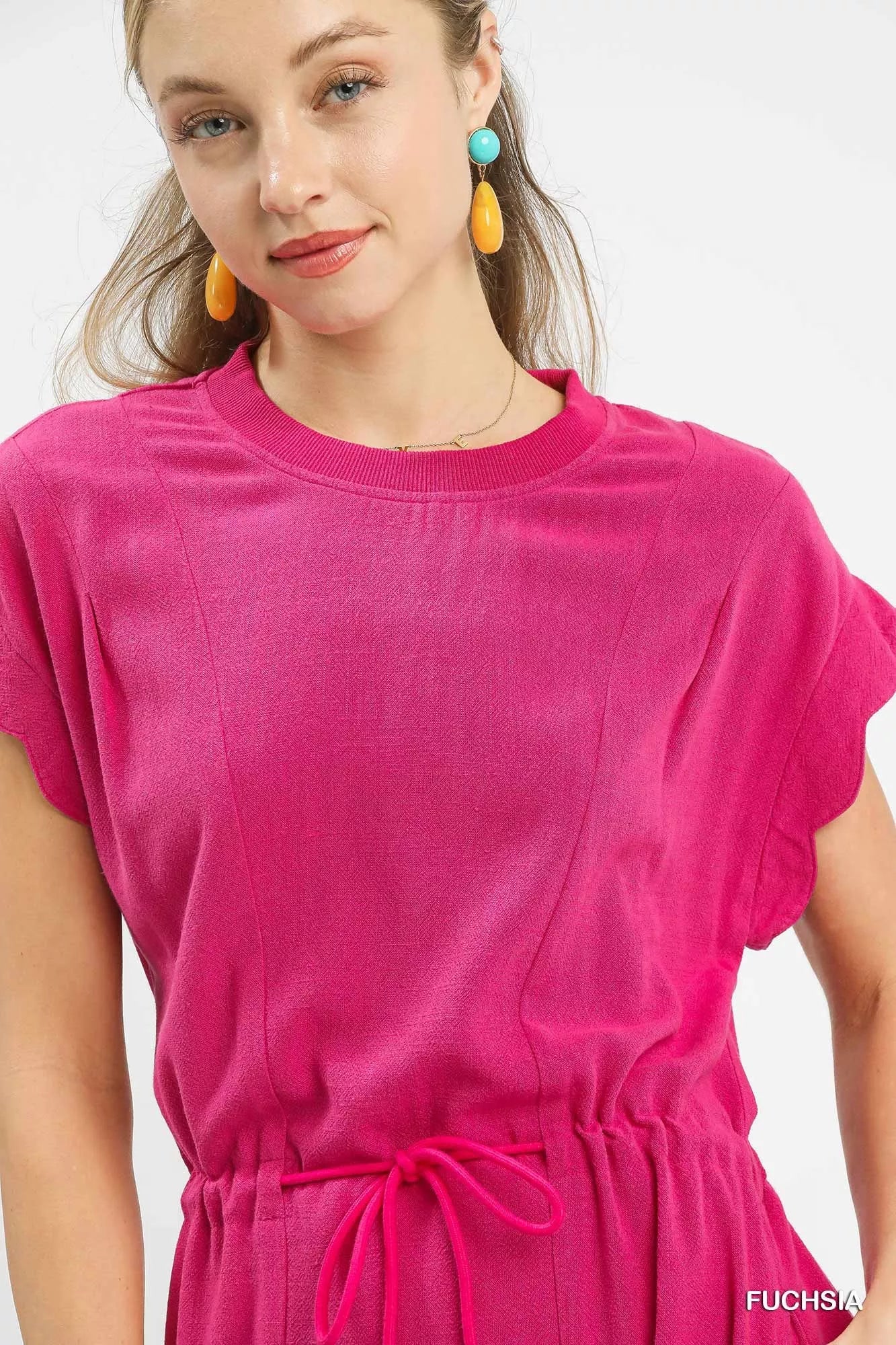 Fuchsia Umgee linen blend scallop hem mini dress with gathered waist