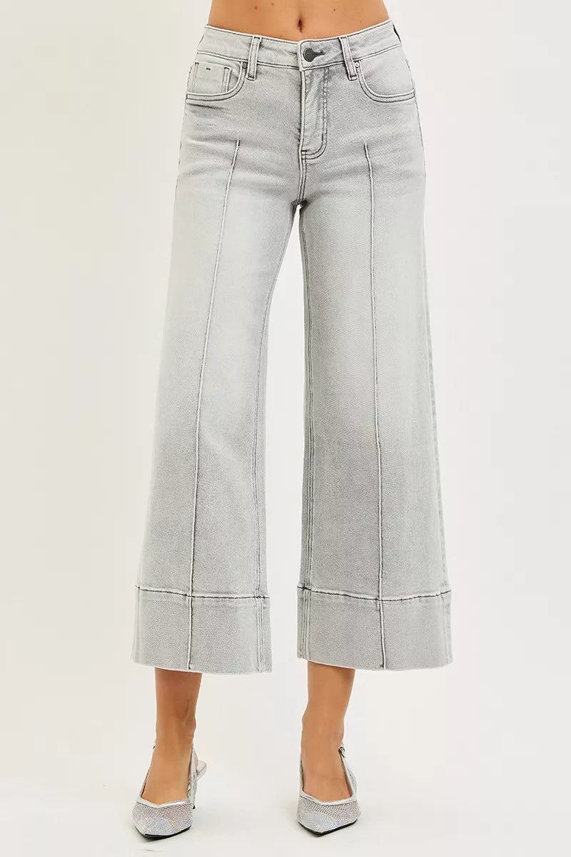 Light-wash Risen tummy control mid-rise crop wide-leg jeans with rolled cuffs and contrasting stitching
