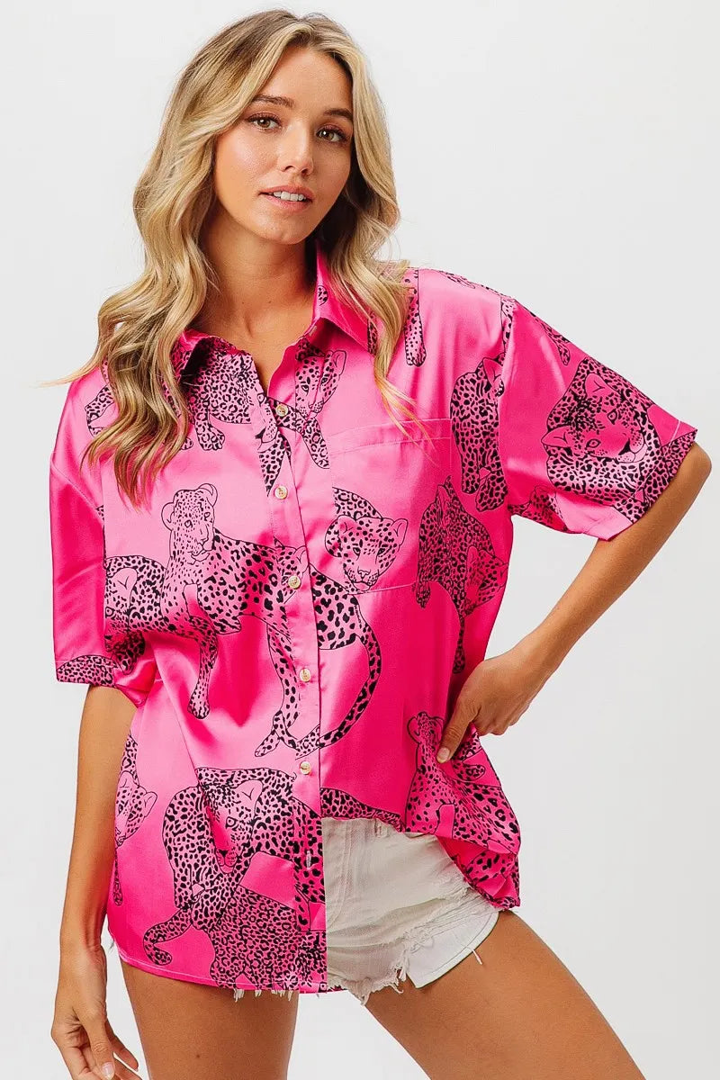 BiBi Leopard Print Short Sleeve Silky Satin Shirt Top Shirts