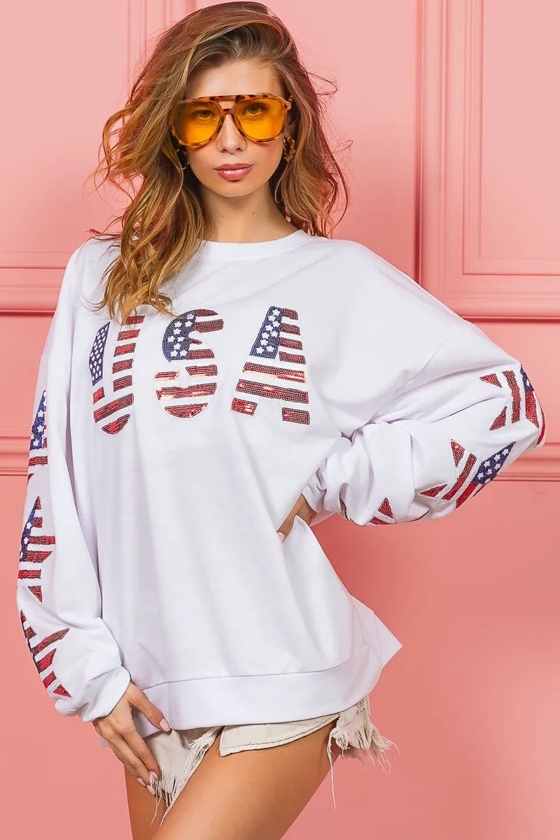 BiBi American Flag USA and Star Sequin Sweatshirt Sweatshirts