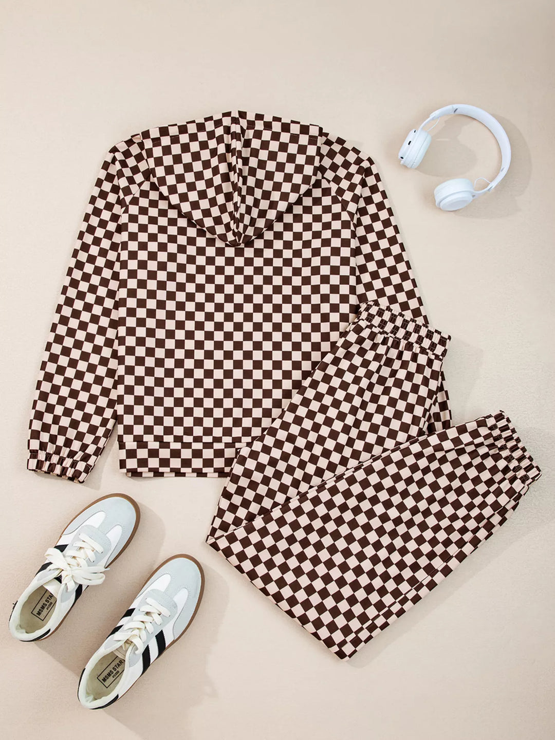 Checkered Drawstring Hoodie and Pants Set | Loungewear Sets Daverri Fashions
