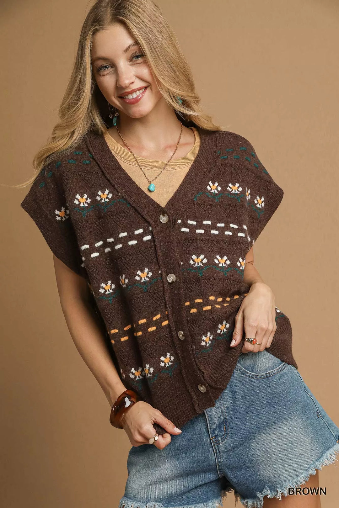 BROWN Umgee Button-Down Knit Vest with Floral Pattern | Sweaters Daverri Fashions