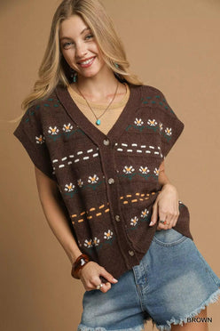 Umgee Button-Down Knit Vest with Floral Pattern - DAVERRI FASHIONS