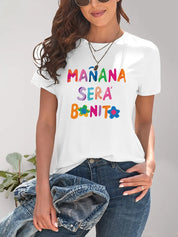 White Letter Graphic T-Shirt with Mañana Será Bonita Floral Print