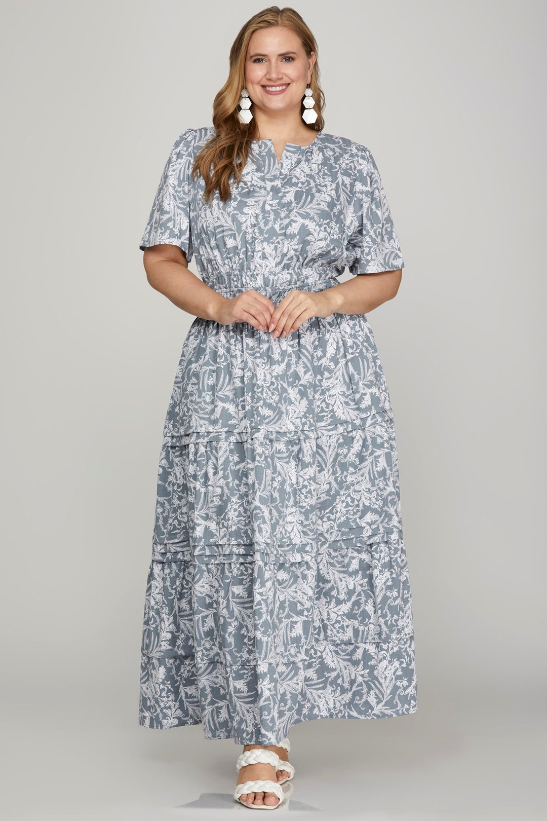 She + Sky Printed Notched Woven Tiered Pintuck Maxi Dress with Side Pockets Maxi Dresses