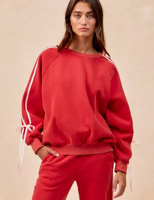 BiBi Side Lined Bow Details Fleece Sweatshirt in red with white stripes