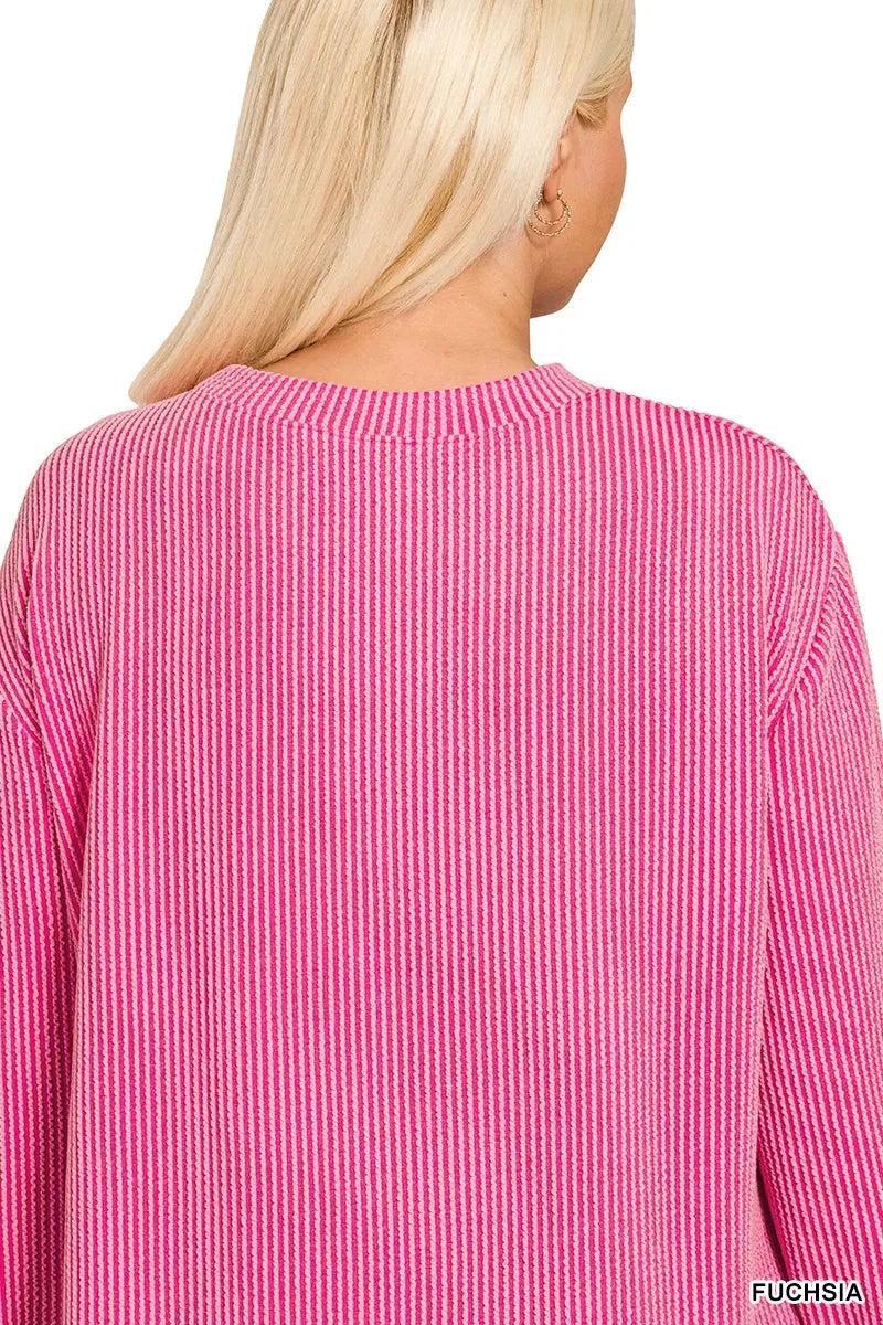 Zenana Full Size Raised Rib Round Neck Long Sleeve Top Plus Size - DAVERRI FASHIONS