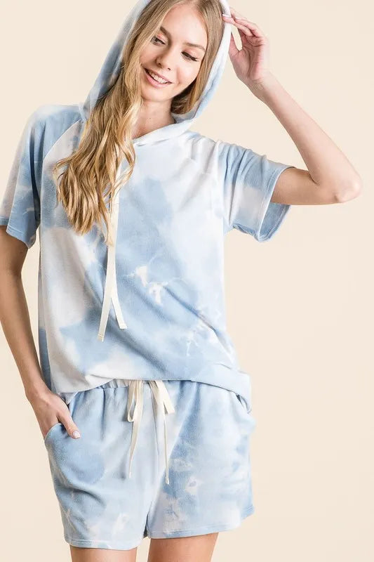 BiBi Tie Dye French Terry Hoodie Top and Bottom Set BLUE TIE DYE Short Sets