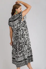 Umgee Two Tone Border Print Ruffle Cap Sleeve Midi Dress | Mid Dresses Daverri Fashions