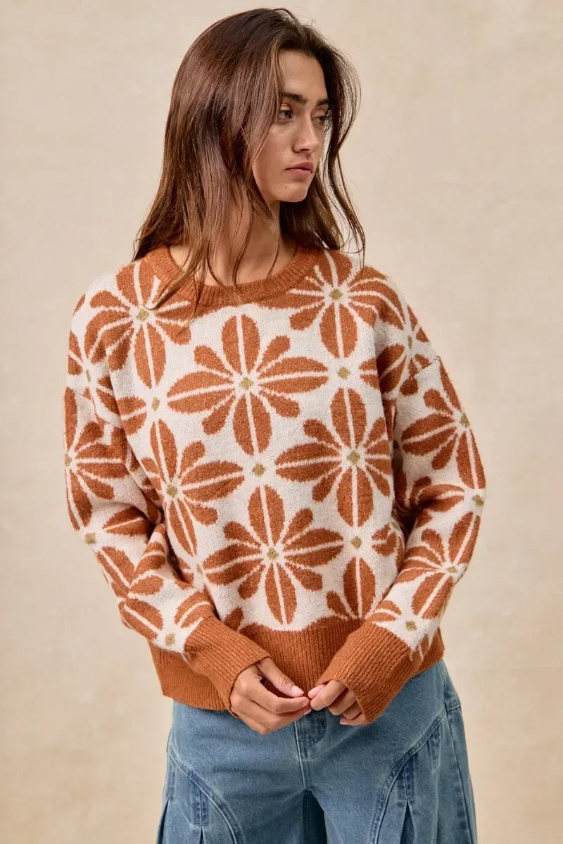 BiBi Flower Pattern Long Sleeve Sweater - DAVERRI FASHIONS