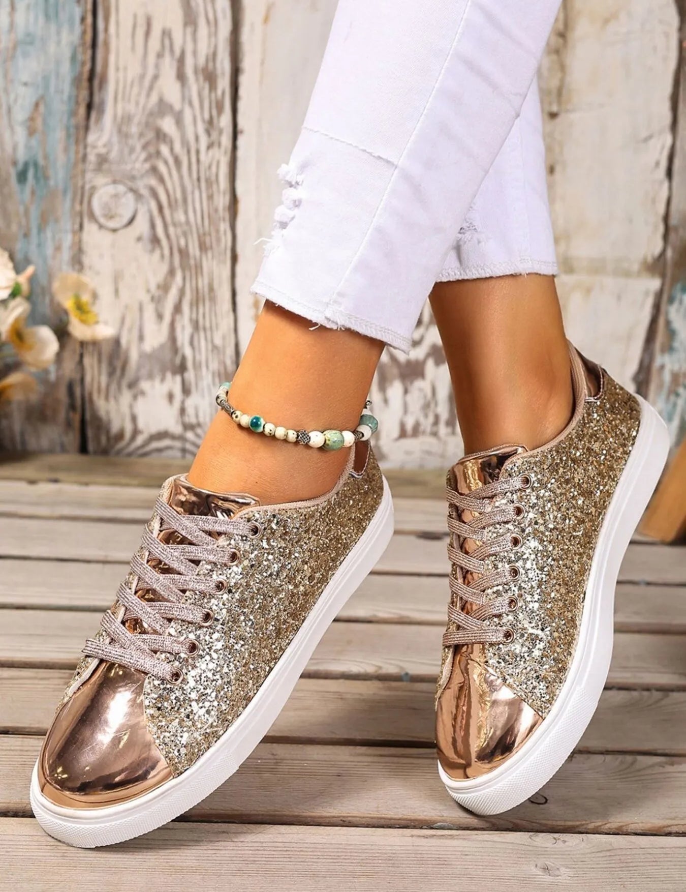 Sequin Lace Up Sneakers | Sneakers Daverri Fashions