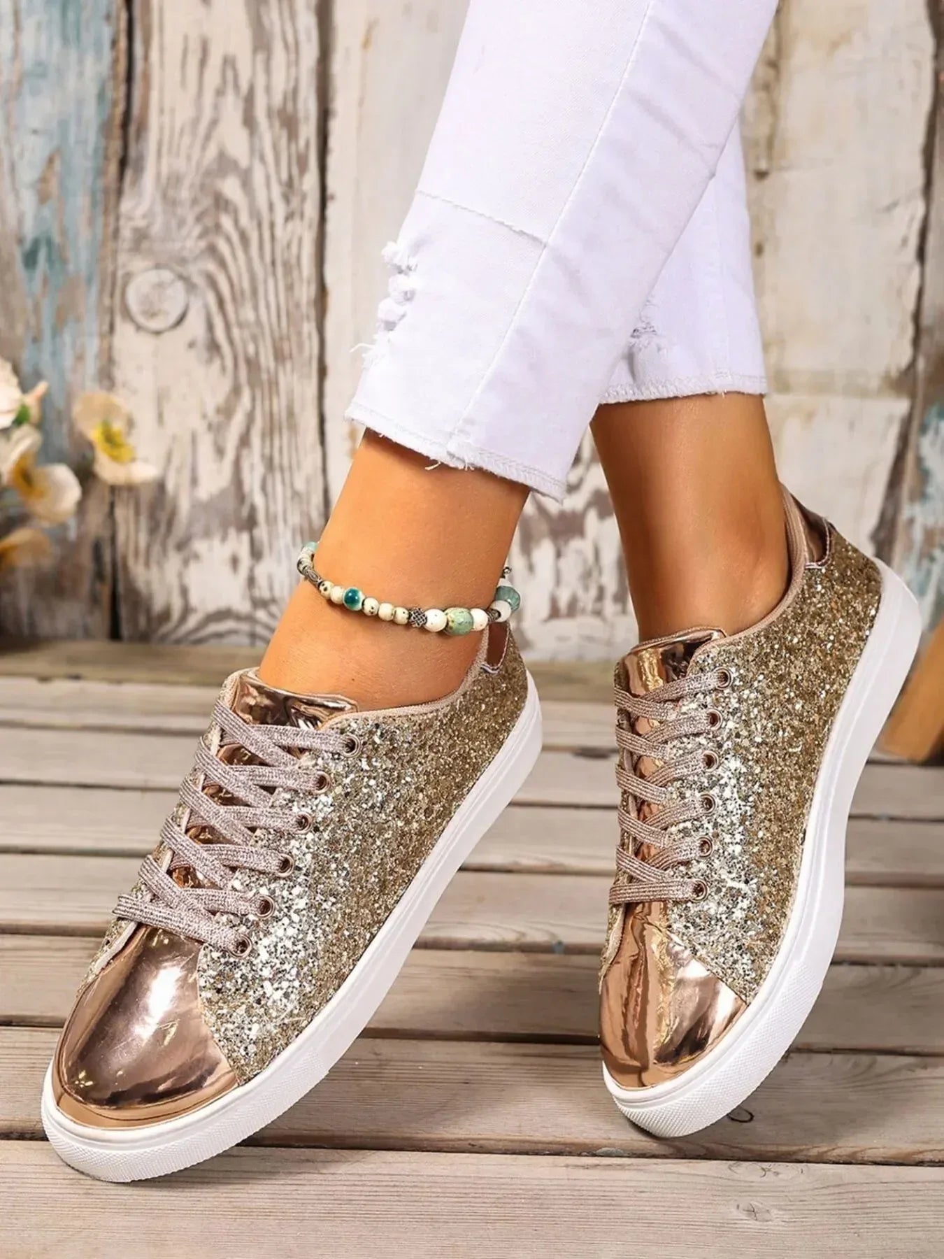 Sequin Lace Up Sneakers - DAVERRI FASHIONS
