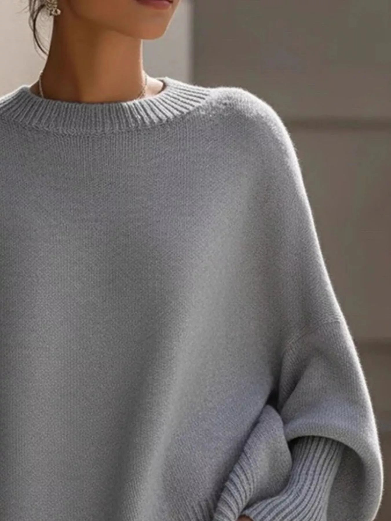 Light gray oversized knit batwing sleeve round neck sweater for women