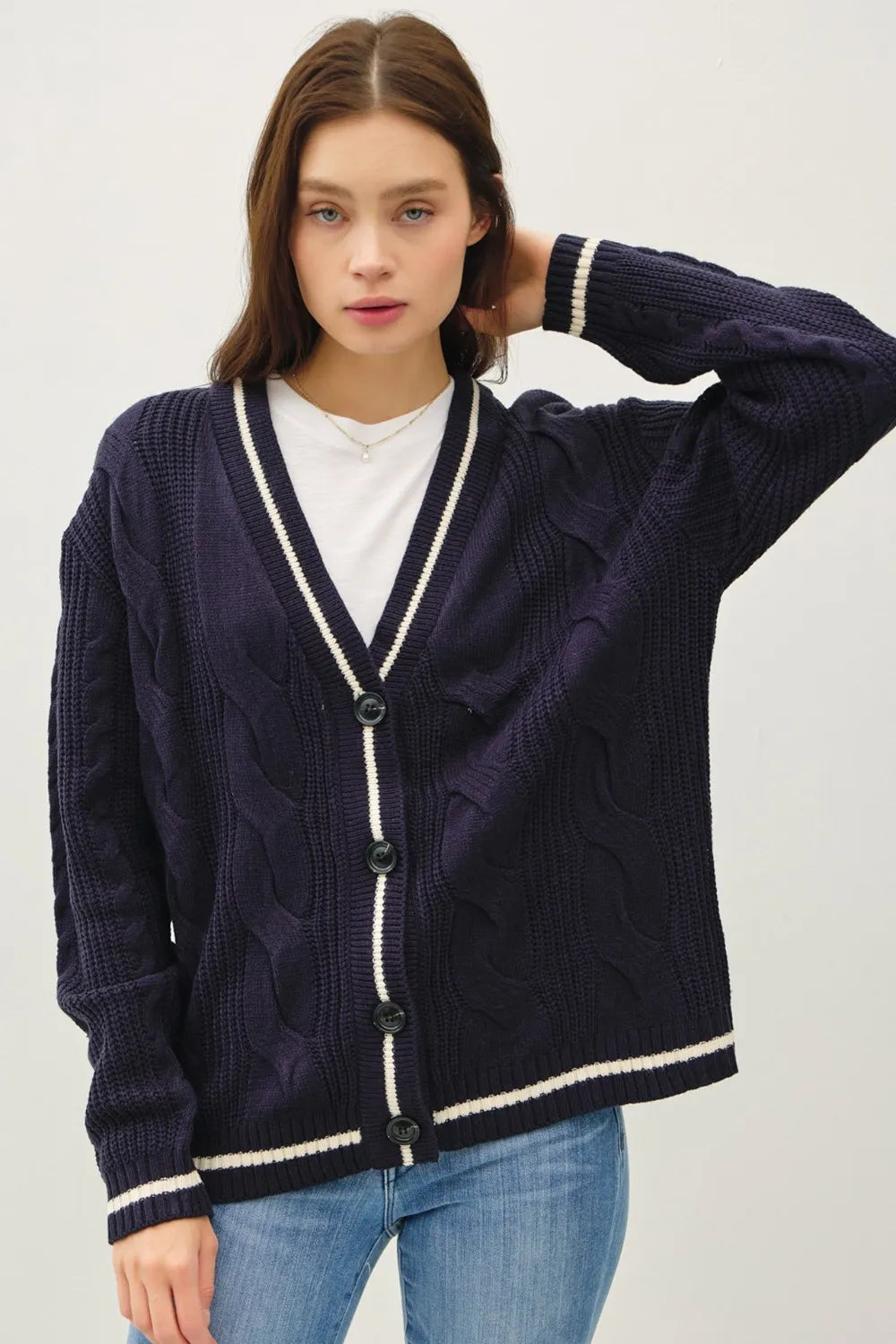 Be Cool Contrast Trim Cable-Knit V-Neck Cardigan Navy Cardigans
