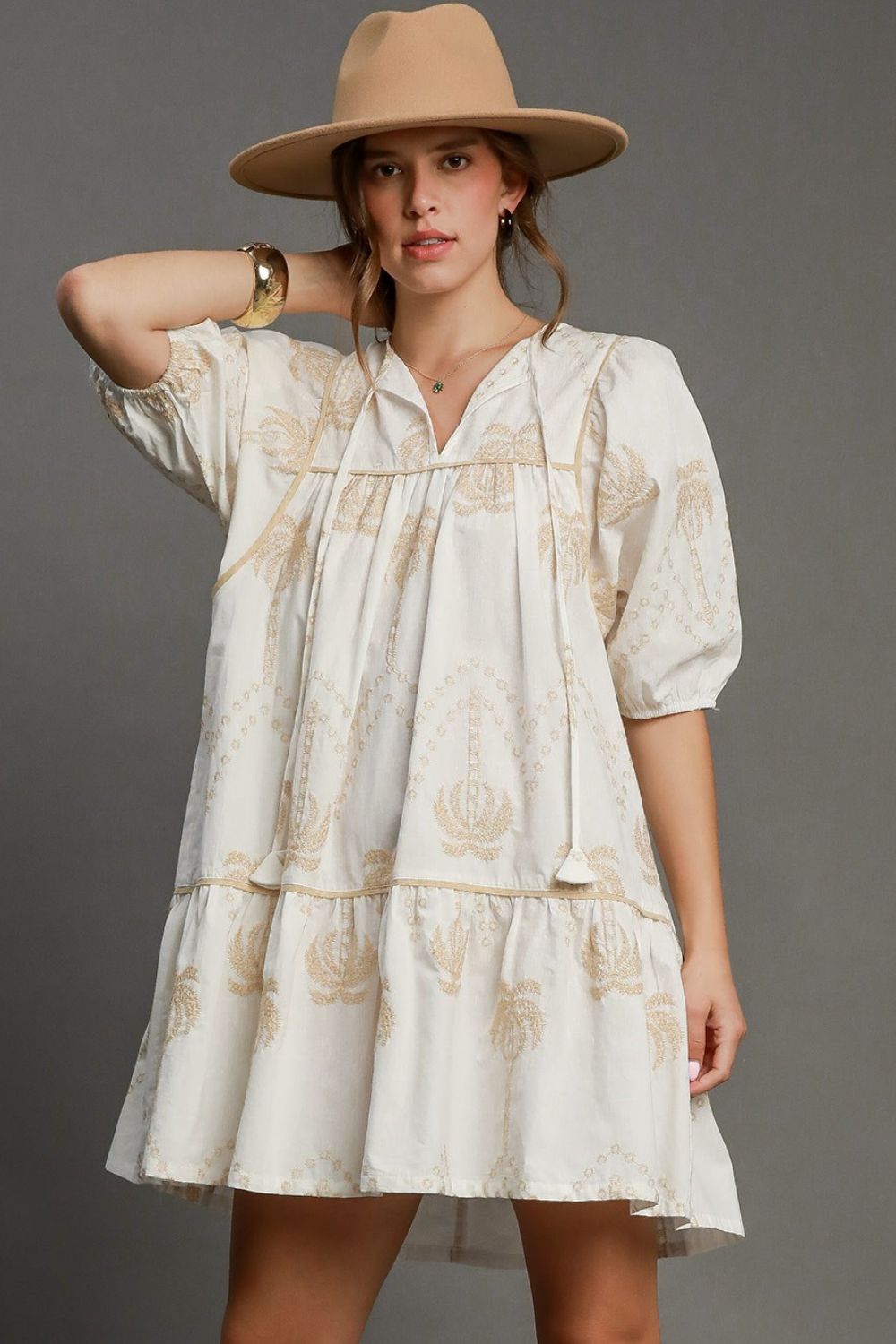 Umgee Full Size Embroidered Puff Sleeve Babydoll Dress Plus Size