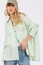 SAGE + FIG Frayed Hem Side Slit Button Down Shirt Light Green