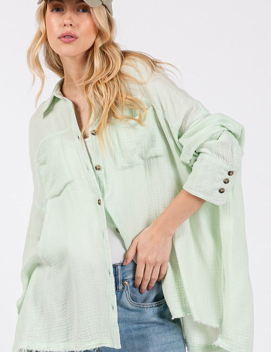 SAGE + FIG Frayed Hem Side Slit Button Down Shirt Light Green