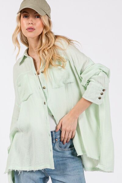 SAGE + FIG Frayed Hem Side Slit Button Down Shirt Light Green Tops