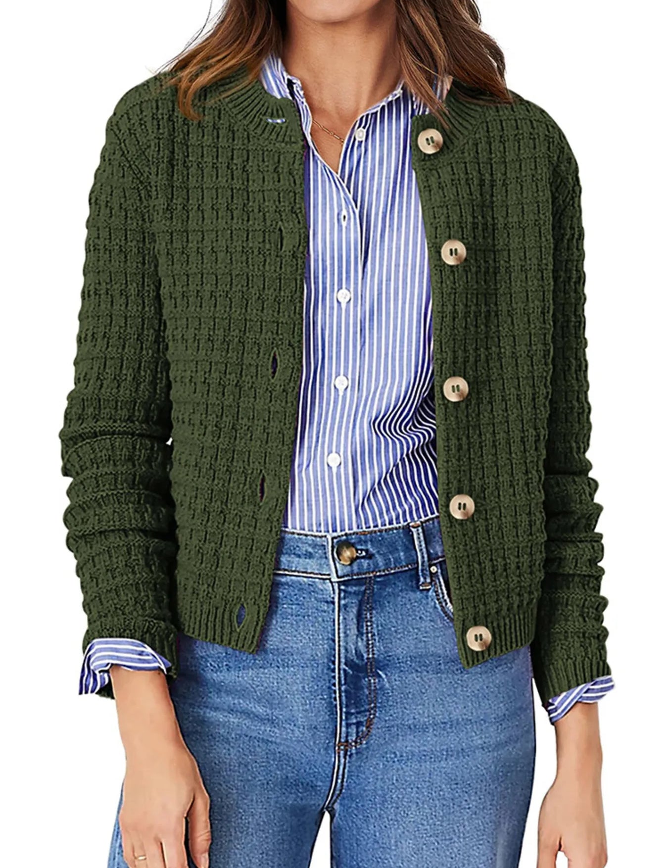 Army Green Textured Knit Button-Front Cardigan | Cardigans Daverri Fashions