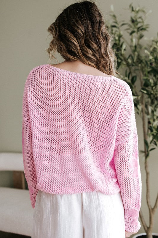 Dulce Big Flower Hollowed Knit Drop Shoulder Sweater Sweaters
