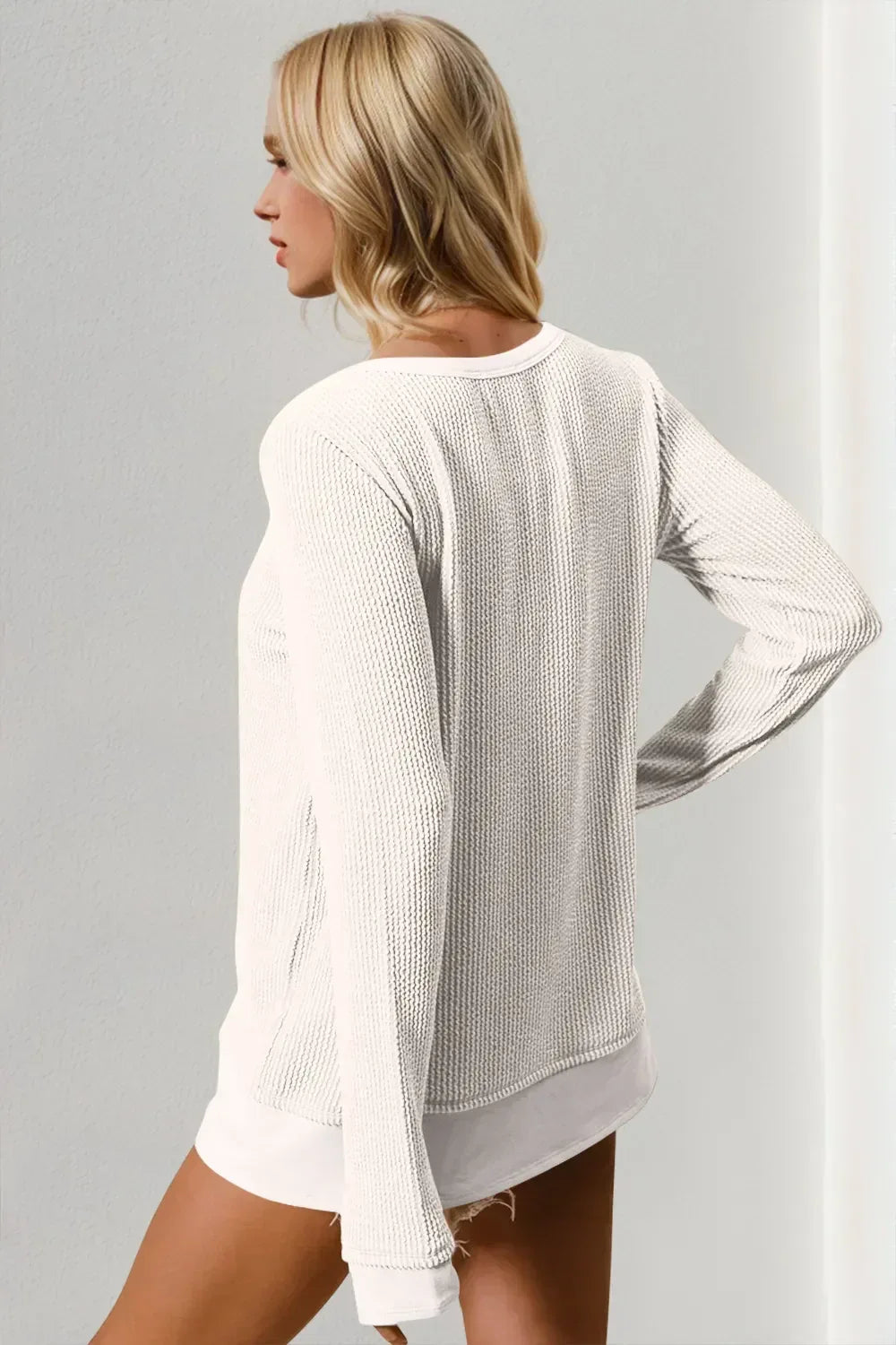 Double Take Corded Rib Thumbhole Cuff Round Neck T-Shirt - DAVERRI FASHIONS