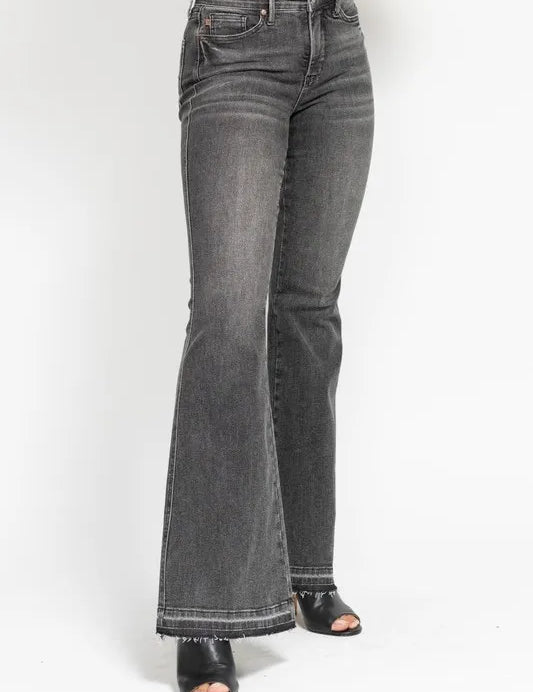 Judy Blue Full Size Mid Rise Tummy Control Washed Gray Release Hem Flare Jeans Plus Size | Daverri Fashions