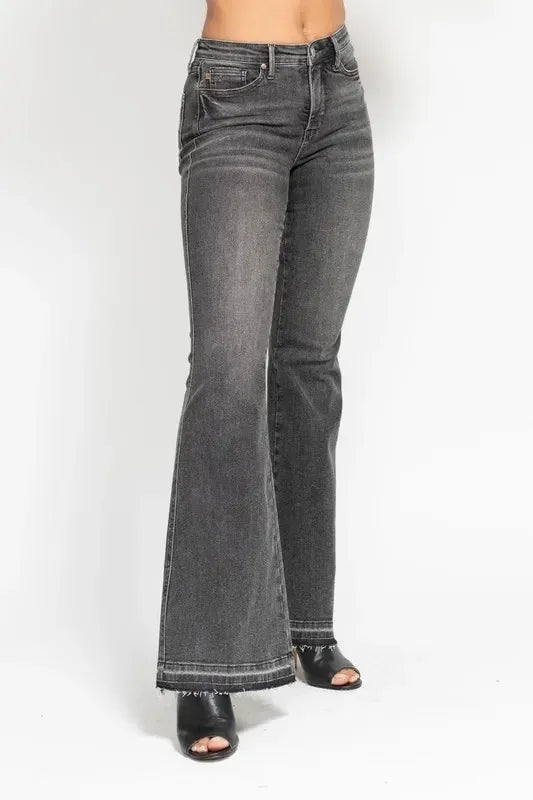 Judy Blue Full Size Mid Rise Tummy Control Washed Gray Release Hem Flare Jeans Plus Size - DAVERRI FASHIONS
