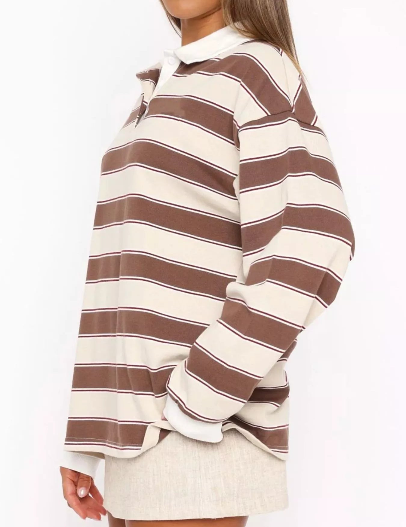 Striped Button Detail Long Sleeve Polo | Tops Daverri Fashions