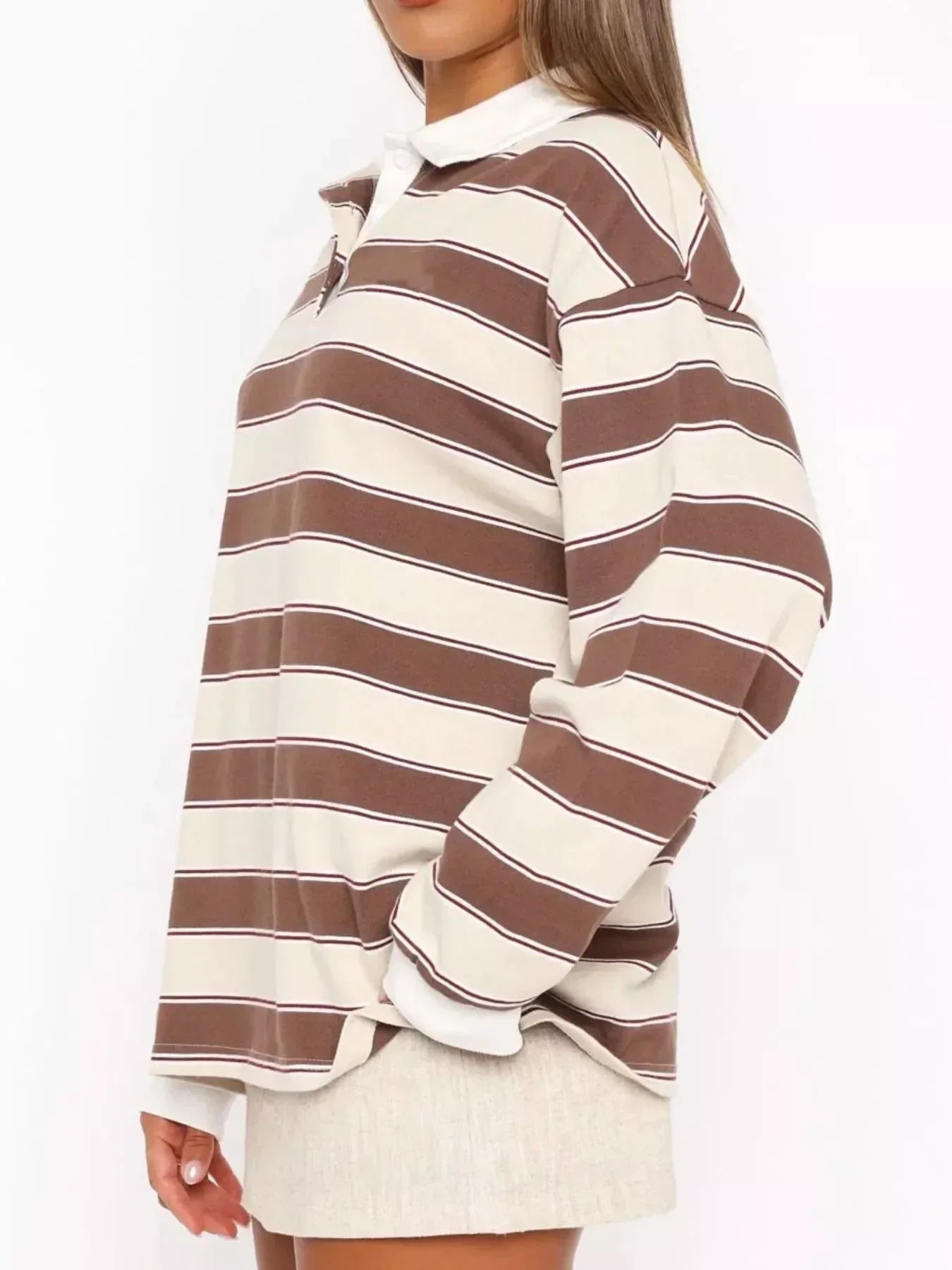 Striped Button Detail Long Sleeve Polo - DAVERRI FASHIONS