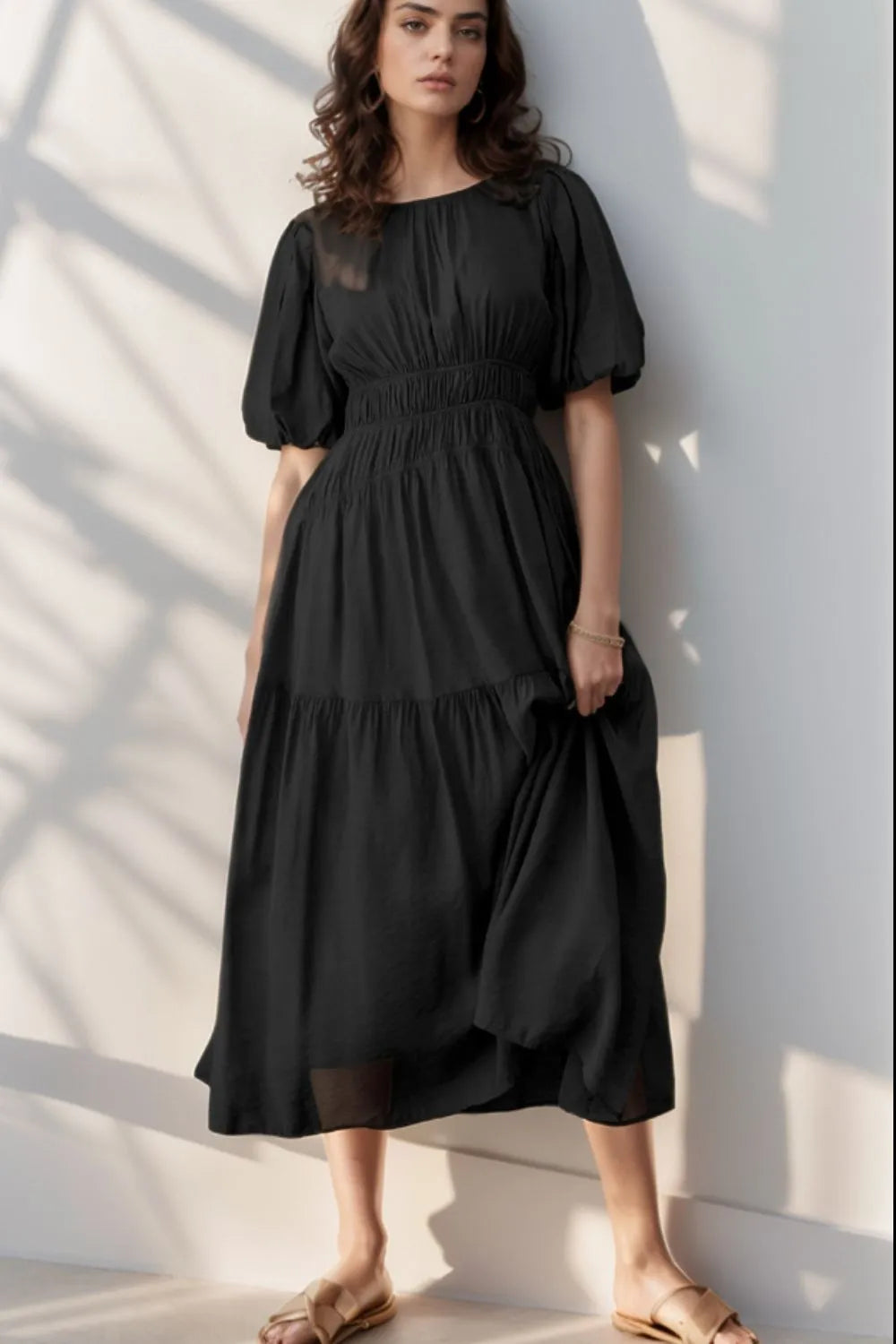Black tiered linen puff sleeve pleated high waist flowy midi dress