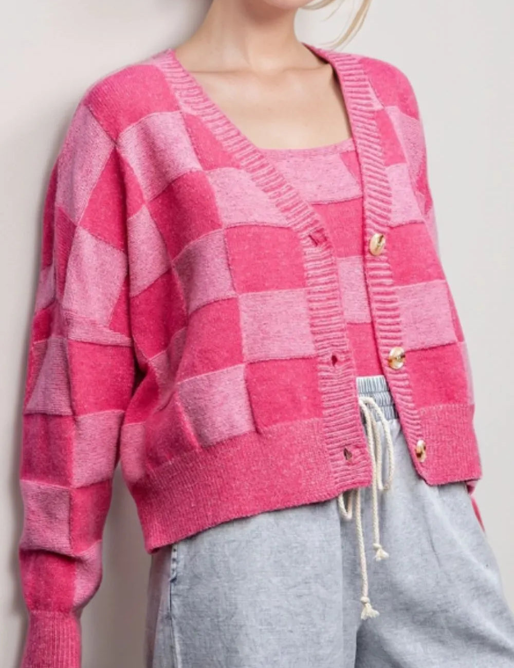 Hot Pink Checkered V-Neck Long Sleeve Cardigan | Cardigans Daverri Fashions