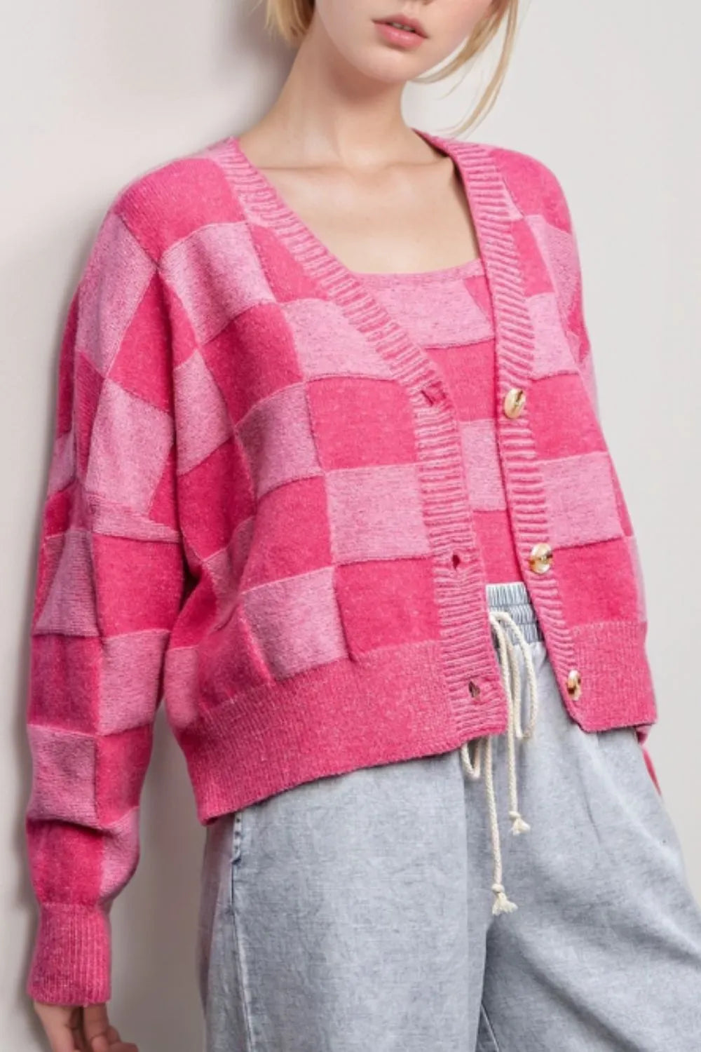 Hot Pink Checkered V-Neck Long Sleeve Cardigan | Cardigans Daverri Fashions