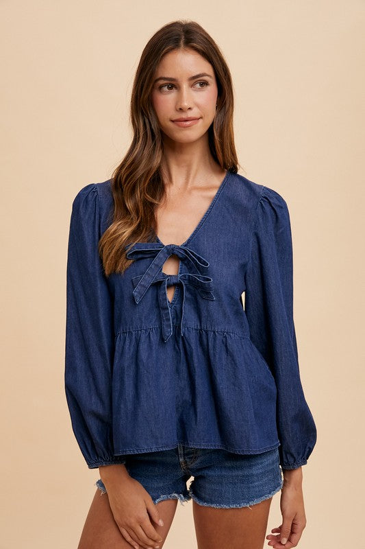 Annie Wear Tie Front Peplum Long Sleeve Denim Top Tops