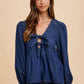 Annie Wear Navy Tie Front Peplum Long Sleeve Denim Top Tops