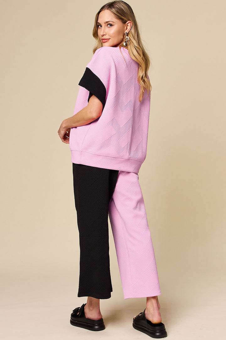 Double Take Full Size Texture Contrast T-Shirt and Wide Leg Pants Set Outfit Sets