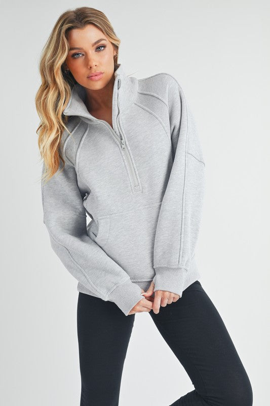 Aemi + Co Half Zip Raglan Sleeve Sweatshirt with Kangaroo Pocket Light Gray Sweatshirts