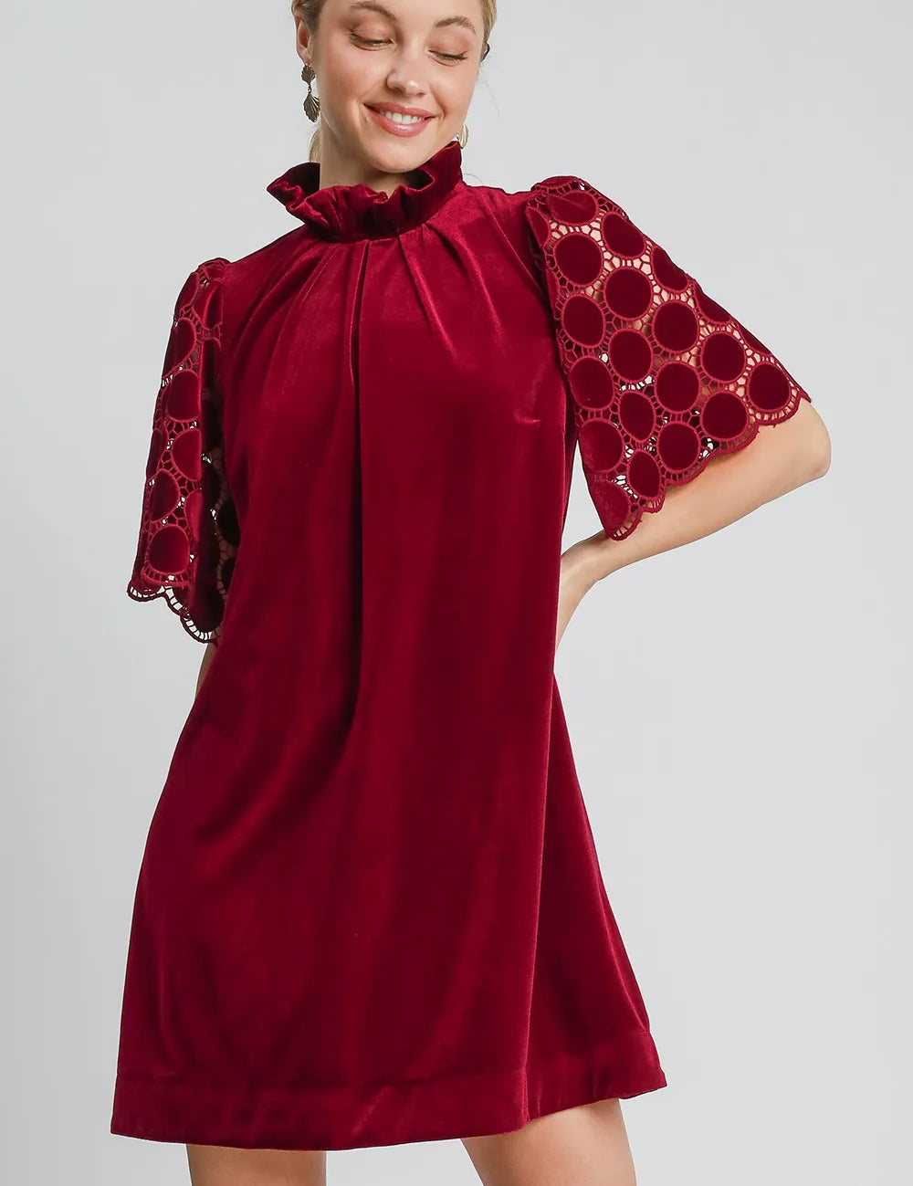 Burgundy Umgee Dotted Lace Half Sleeve Mock Neck Back Tie Velvet Dress | Mini Dreses Daverri Fashions
