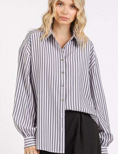 Mittoshop Button Down Striped Long Sleeve Shirt Black Shirts