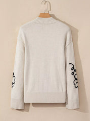 White Flower Stitching Mock Neck Sweater with Black Floral Embroidery