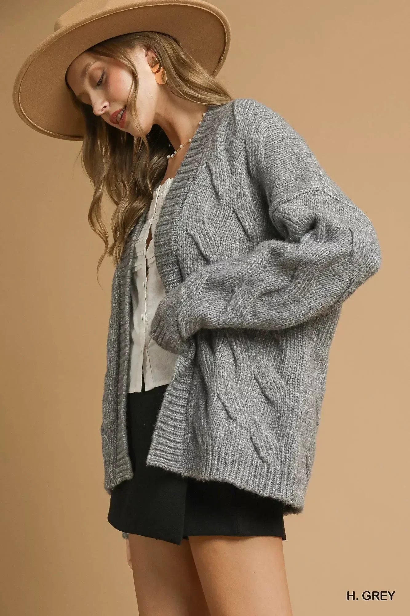 Umgee Chunky Cable Knit Open Front Cardigan Grey - DAVERRI FASHIONS