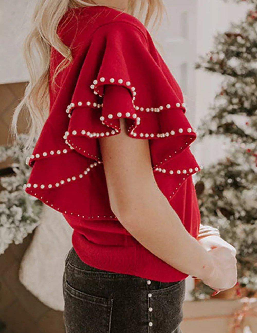Ruffle Sleeve Pearl Embellished Knit Top | Knit Tops Daverri Fashions