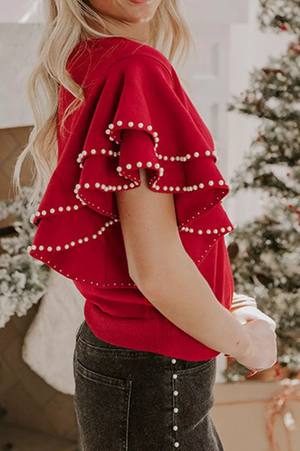 Ruffle Sleeve Pearl Embellished Knit Top | Knit Tops Daverri Fashions