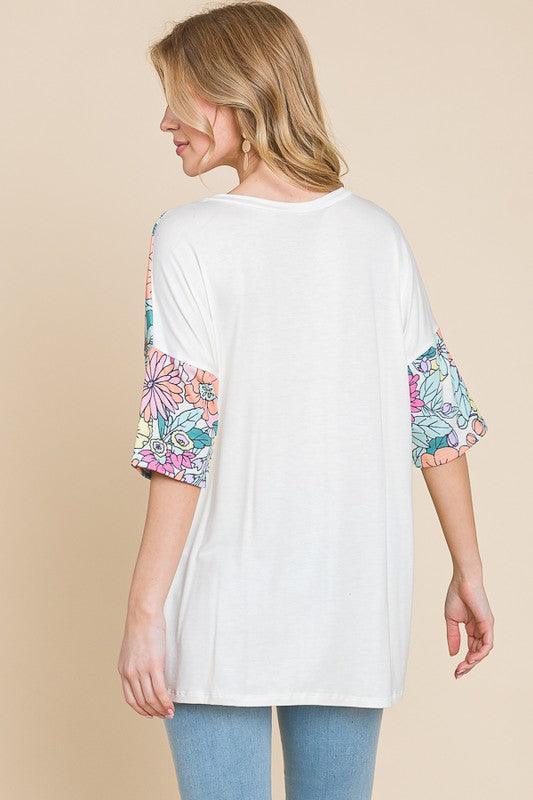 BOMBOM Floral Round Neck Half Sleeve T-Shirt - DAVERRI FASHIONS